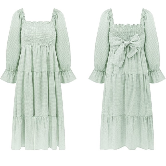 Shirred smocked bodice Midi Dress plaid green - Picture 4 of 9